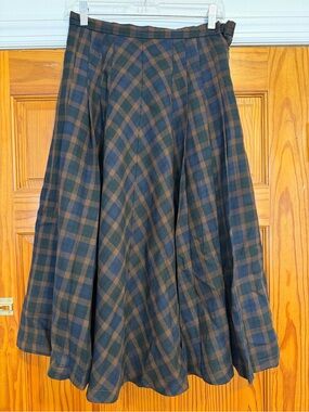 Vintage 1970s Jaeger London Plaid A-Line Midi Skirt Navy & Brown